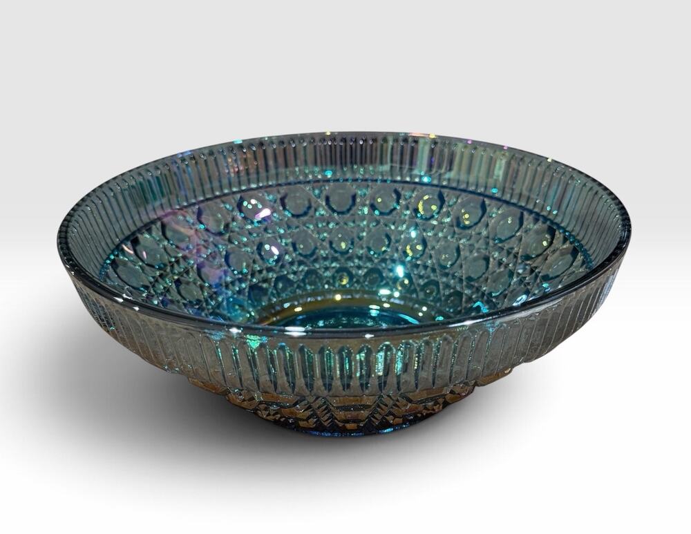Indiana Glass Iridescent Blue Carnival Windsor Button & Cane Bowl 10.5” 1970s